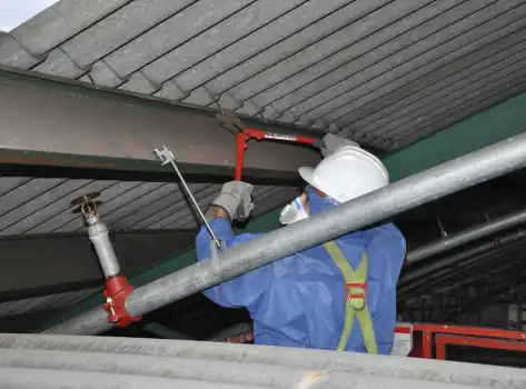 Quitando amianto de una nave industrial con EPIS de protección